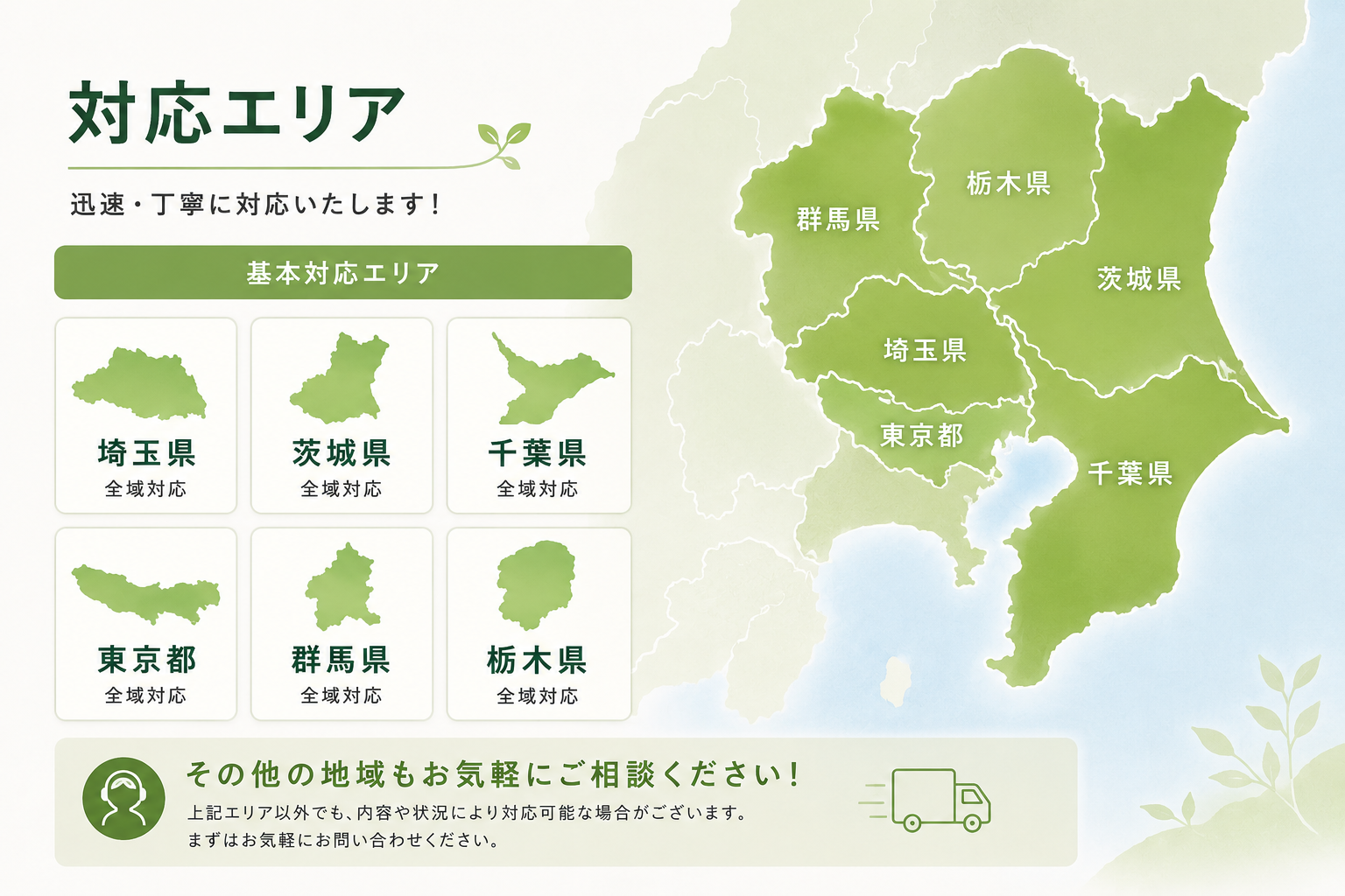 加須市を中心とする重点対応エリア。埼玉県北東部、群馬県東部、栃木県南部、茨城県西部。東京・千葉なども相談可能。